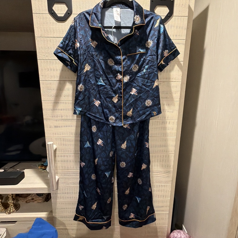 Disney Parks Icons Castle Collection Satin Pajama Set Women Small Navy Blue